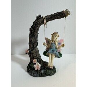 🖤Vintage Fairy Swing Figurine Tree Stump Resin Statue Whimsical Cottagecore